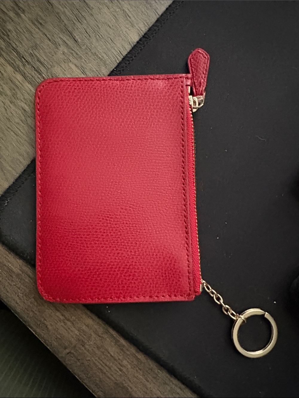 Coach Red Pebbled Leather Zip Card Pouch with Gold Key Ring - Picture 2 of 4